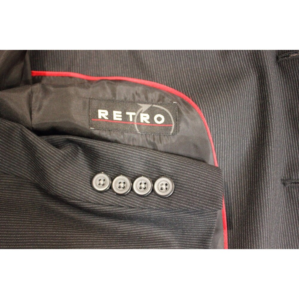 Retro 2 Pc Suit Mens 43 Black Striped 3 Btn Polyester Blend 40R Flat Fronts 31 W - Picture 11 of 11